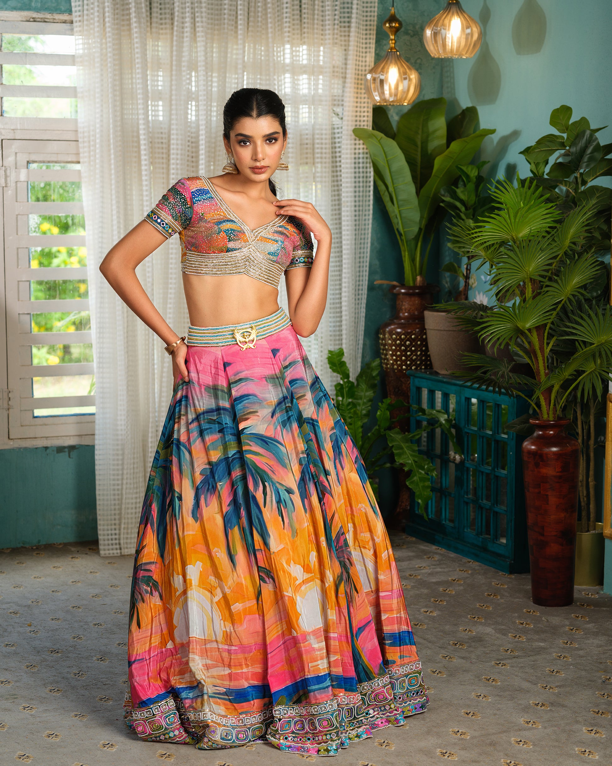 Sunset Pink blue lehnga set
