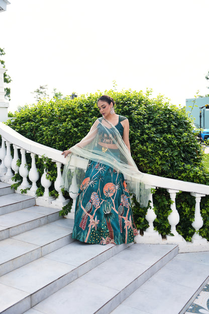 Emerald Oasis Hand-Embroidered Lehenga Set